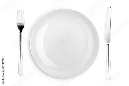 Empty plate, fork, knife, clipping path, white background, isolated, top view