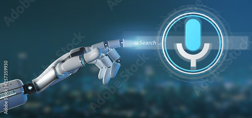 Cyborg hand holding a ocal search system with button and icon 3d rendering photo