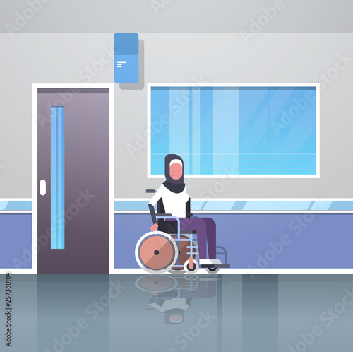 disabled arab woman patient sitting in wheelchair accident disability concept hospital corridor hall modern clinic interior muslim female cartoon character full length flat