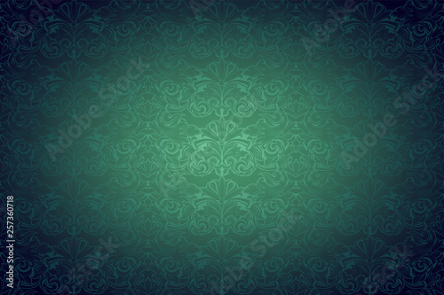 Green vintage background , royal with classic Baroque pattern, Rococo with darkened edges background(card, invitation, banner). horizontal format