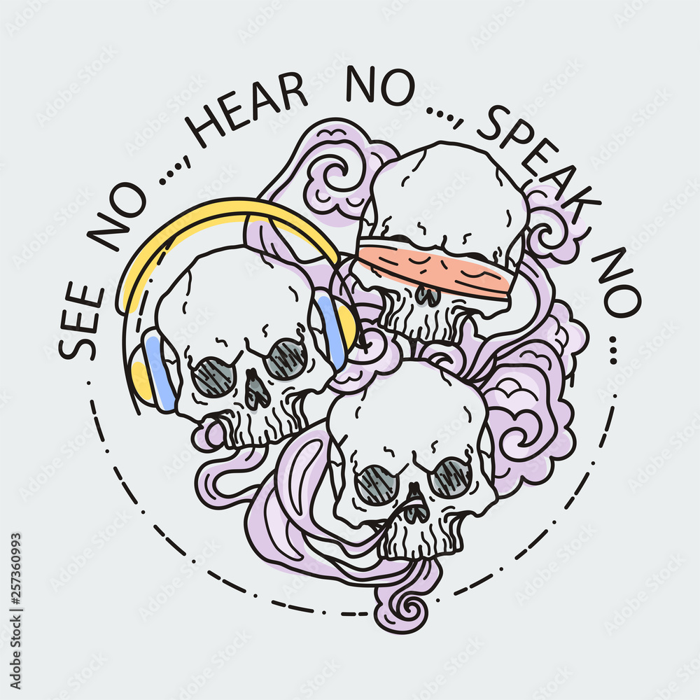 Composition of three skulls. Vector illustration of color tattoo graphic human skull