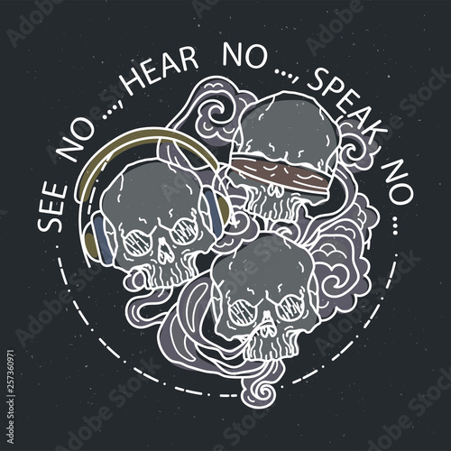 Composition of three skulls. Vector illustration of color tattoo graphic human skull