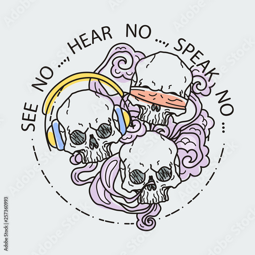 Composition of three skulls. Vector illustration of color tattoo graphic human skull