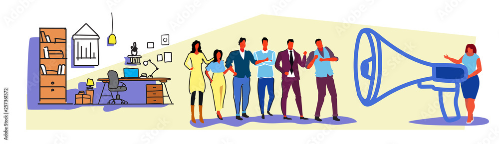Obraz premium businesswoman boss holding megaphone loudspeaker screaming at employee team leader information announcement moodern workplace office interior sketch horizontal