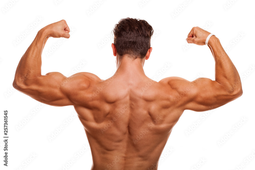 Rear view shot of a male bodybuilder showing off his muscles, flexing biceps and back isolated. Athletic shirtless man posing powerfully. Fitness man with stunning strong body. Health, fitness concept Rear view shot of a male bodybuilder showing off his muscles, flexing biceps and back isolated. Athletic shirtless man posing powerfully. Fitness man with stunning strong body. Health, fitness concept