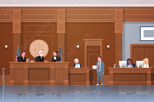 law process with judge secretary suspect and lawyer or attorney giving a speech court session modern courtroom interior full length horizontal