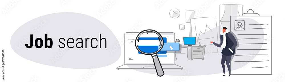 male job applicant leaning on resume using online computer application job search concept hiring website laptop screen sketch doodle horizontal banner male job applicant leaning on resume using online computer application job search concept hiring website laptop screen sketch doodle horizontal banner