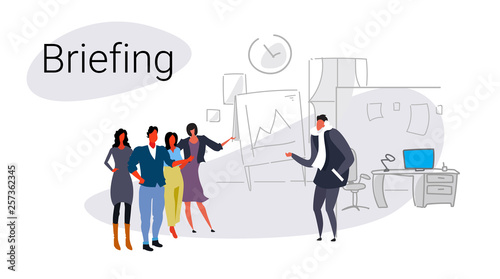 businesspeople group teamwork training conference meeting flip chart presentation briefing concept modern office interior sketch doodle full length horizontal