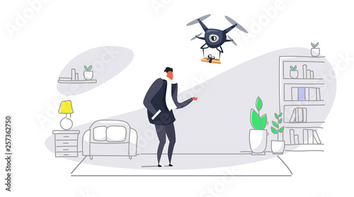 man getting parcel gift box from quadcopter express air mail delivery by drone concept modern apartment living room interior sketch doodle horizontal