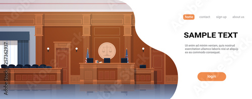 empty courtroom with judge workplace and jury box seats modern courthouse interior justice and jurisprudence concept horizontal banner copy space