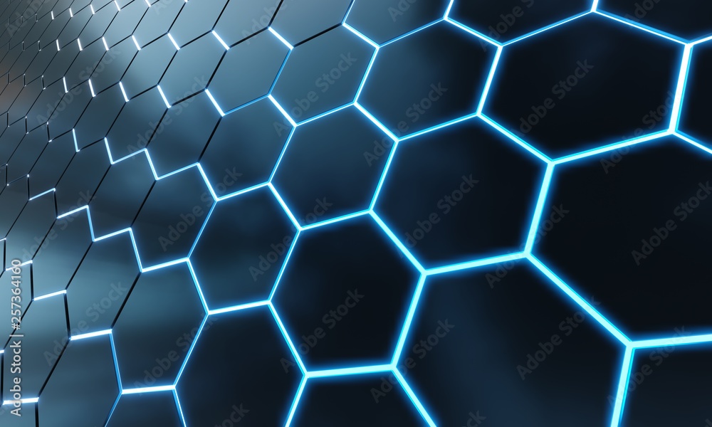 Glowing black and blue hexagons background pattern on silver metal surface 3D rendering Glowing black and blue hexagons background pattern on silver metal surface 3D rendering