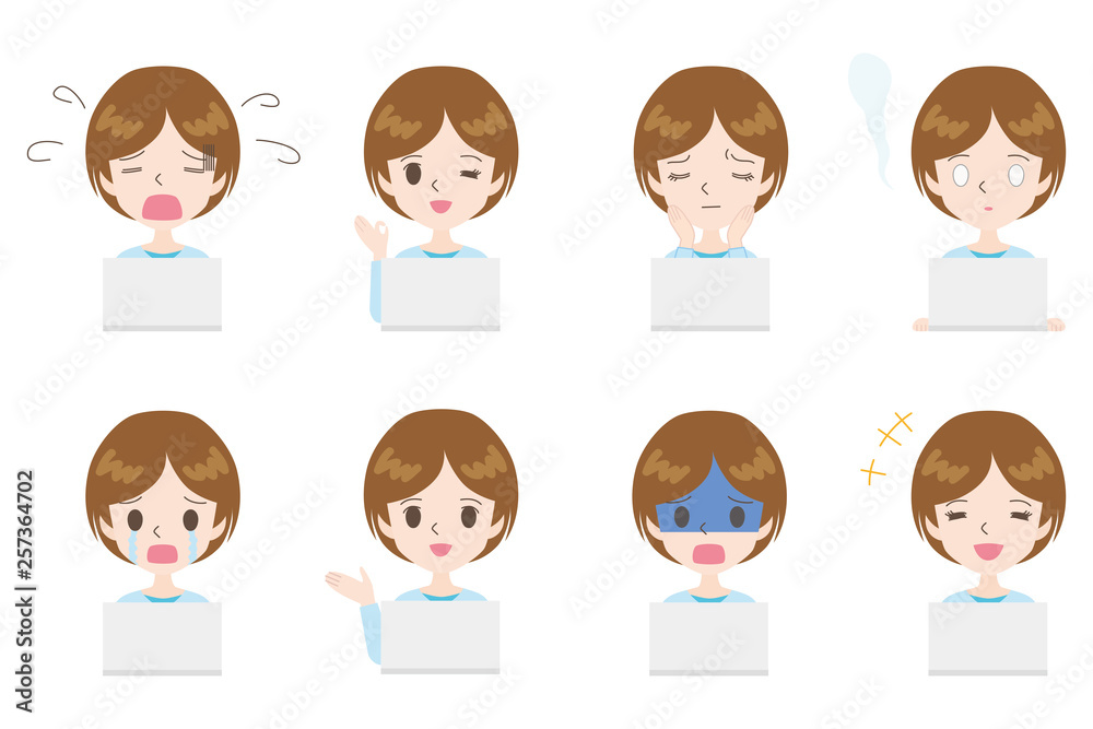 PCを使用している女性の表情のイラスト PCを使用している女性の表情のイラスト