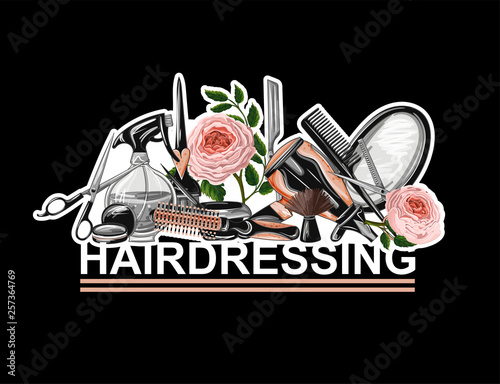 Hairdresser tools stickers such as hairdryer, comb, scissors, mirror, hair dye and other. Vector.