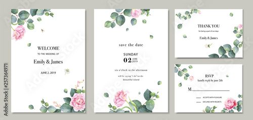 Watercolor vector set wedding invitation card template design with green eucalyptus leaves and flowers.