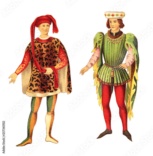 Italian and French nobleman (Late Middle Ages) / vintage illustration from Meyers Konversations-Lexikon 1897