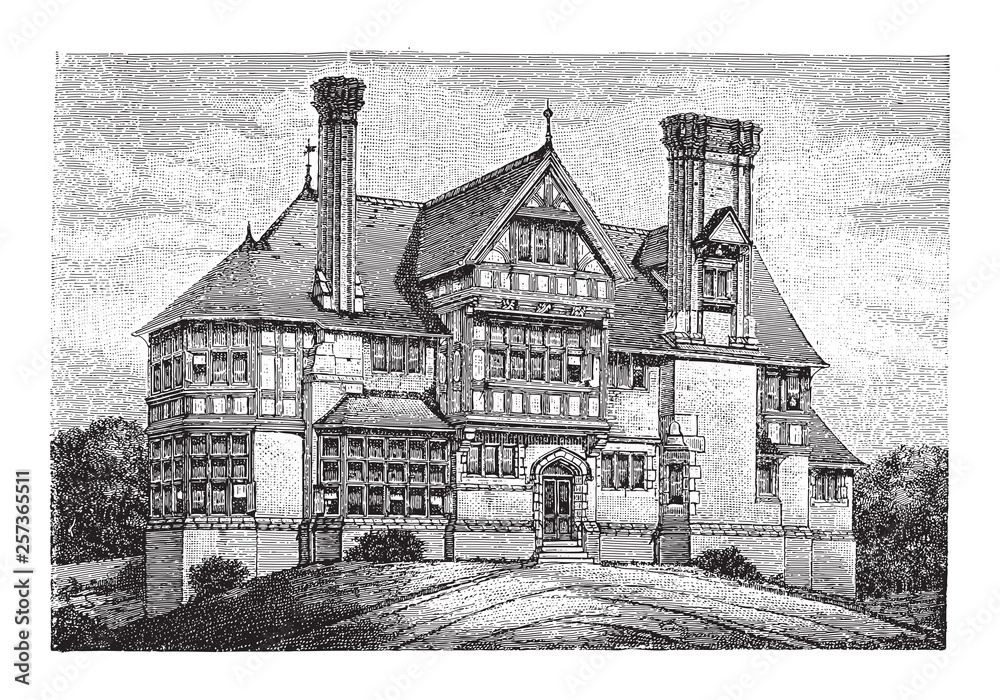 Old english house / Vintage illustration from Meyers Konversations-Lexikon 1897