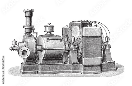 Old steam turbine with electric generator / vintage illustration from Meyers Konversations-Lexikon 1897