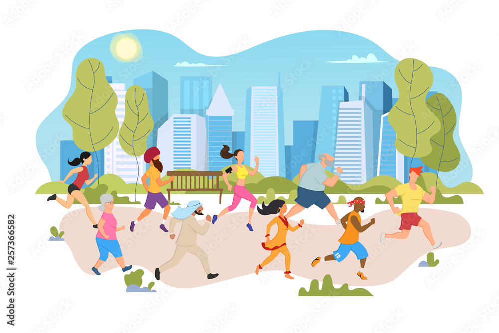 Naklejka premium People of different races and cultures run a joint marathon in a city park.