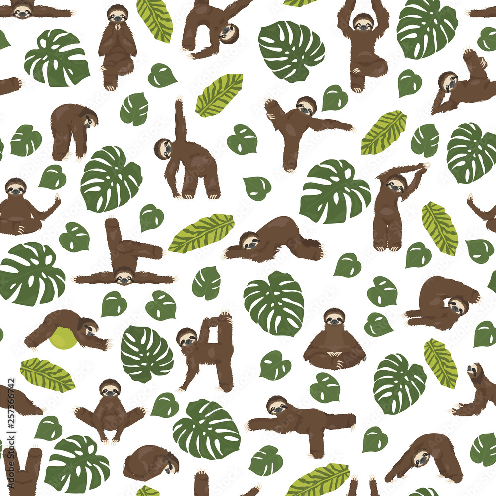 Obraz premium Sloth yoga seamless pattern. Funny cartoon animals in different postures set.