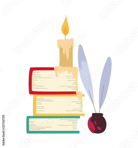 Vector illustration of color books, candle and writing feathers pen.