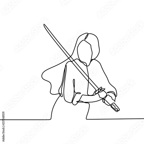 Vector image of a fantasy of the girl with a sword. Woman the samurai with continuous line drawing. Hand drawn one lineart design