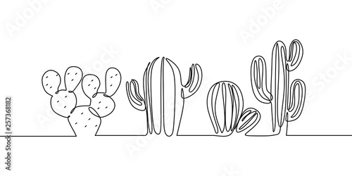 Leinwand Poster Vector Set of Cute Cactus continuous one line drawing Black and White Sketch House Plants Isolated on White Background
