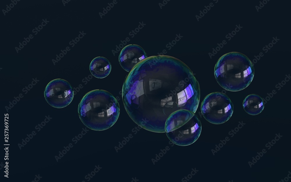 Colorful soapbubbles on a black background. 3D render /rendering.