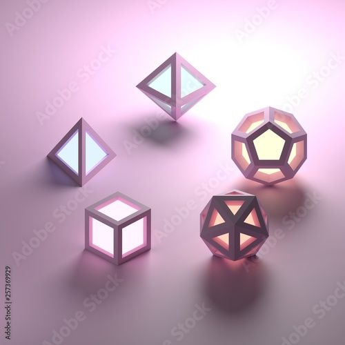 Foto Set of 5 geometric platonic solids emitting light