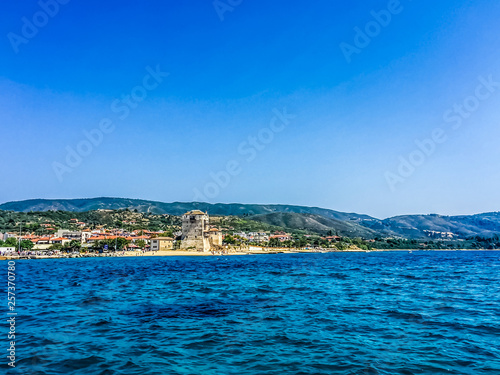 Scenic View Of Land And Sea Against Clear Blue Sky