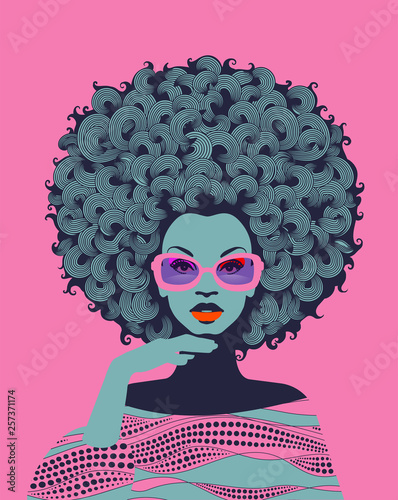 Afro American woman art portrait with pink sunglasses. Mid century modern retro style. Eps10 vector