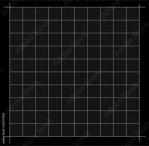 Measured grid. Graph plotting grid. Corner ruler with measurement isolated on the black background. Vector graph paper template background.