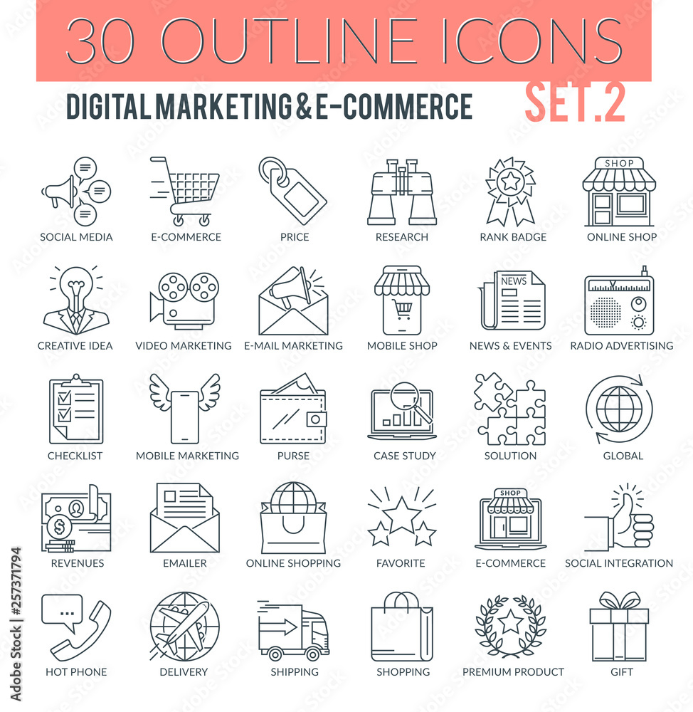 Digital Marketing and E-commerce Outline Icons