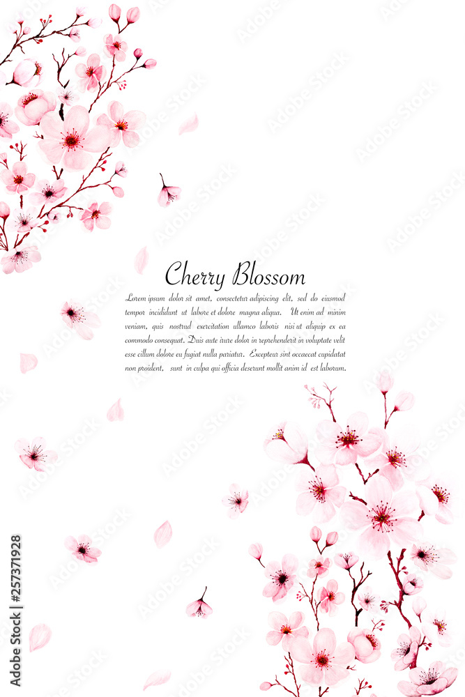Watercolor cherry blossom branches hand painted template.