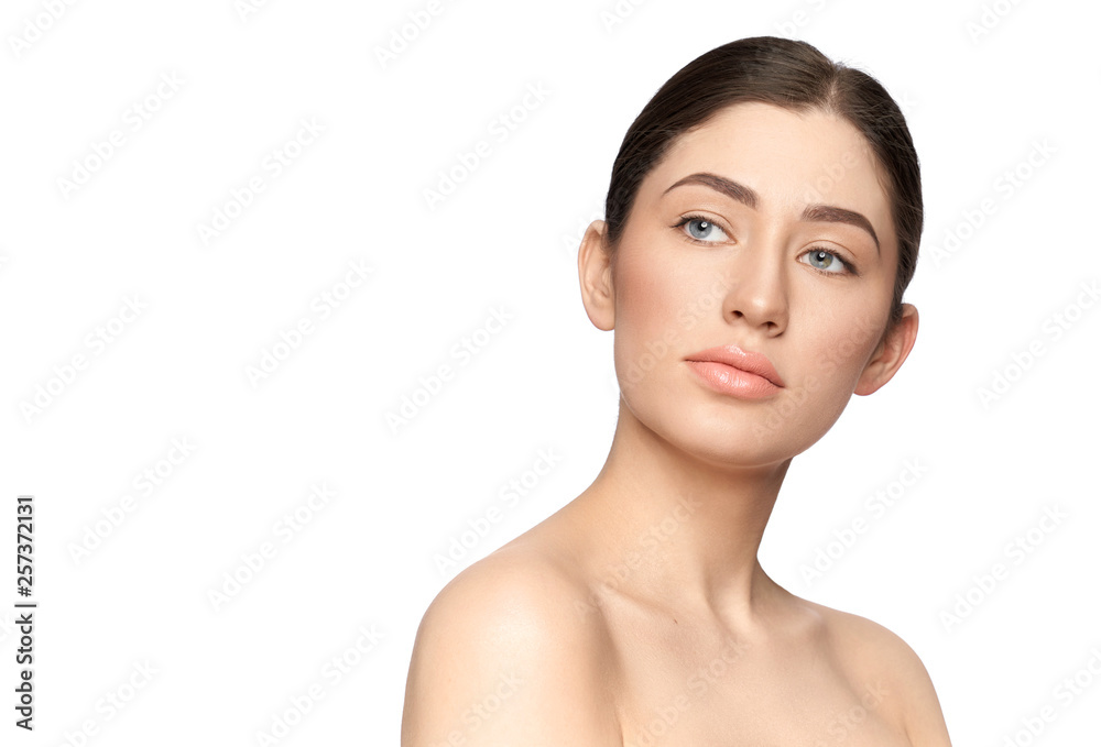 Gorgeous model with bare shoulders looking away. Gorgeous model with bare shoulders looking away.