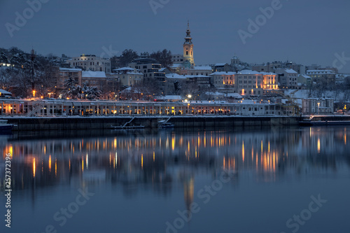 Belgrade, Serbia - View of the Sava River strand and coastal part of the city at wintry twilight
