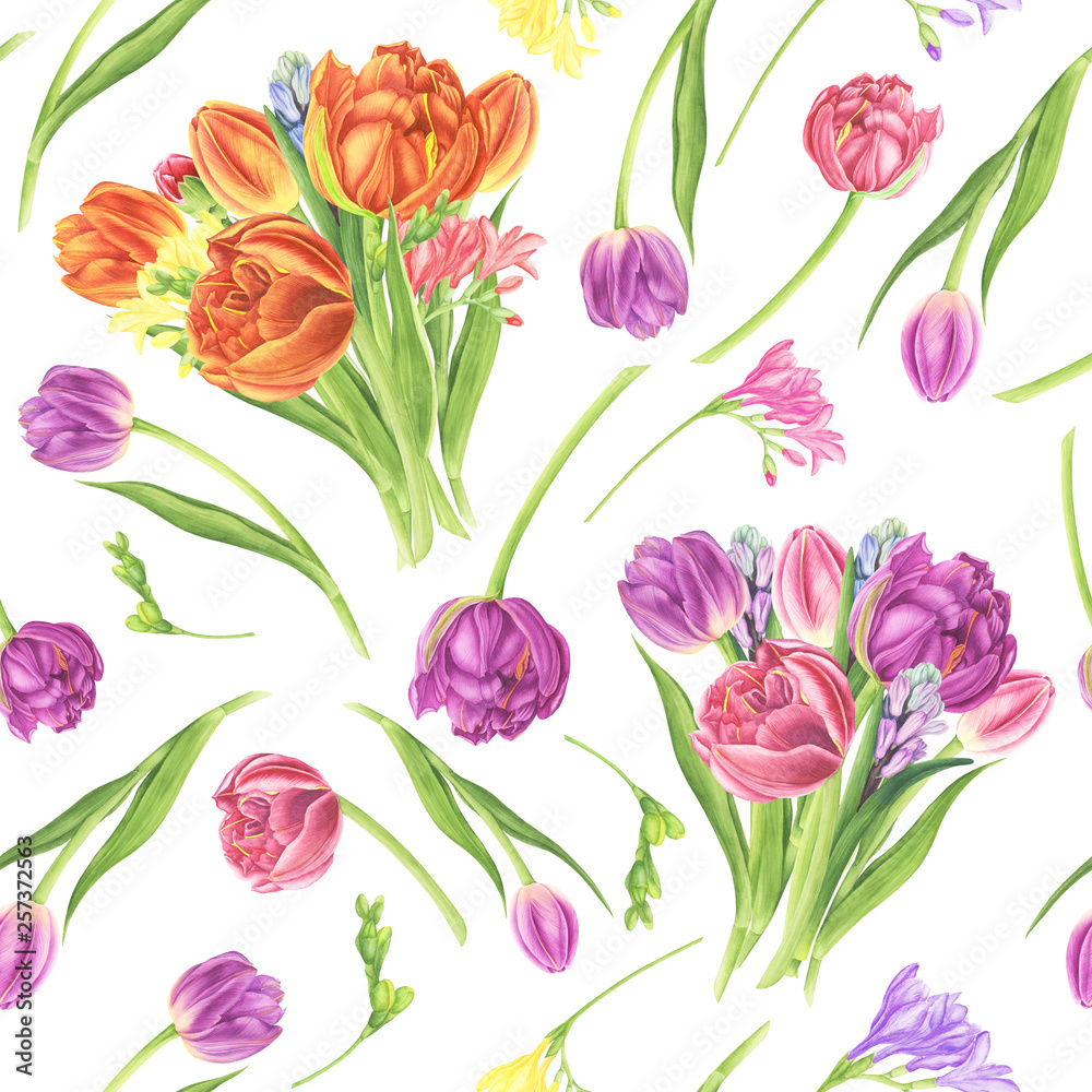 Seamless pattern with tulips, freesia and hyacinths, watercolor painting. For design cards, pattern and textile. Seamless pattern with tulips, freesia and hyacinths, watercolor painting. For design cards, pattern and textile.