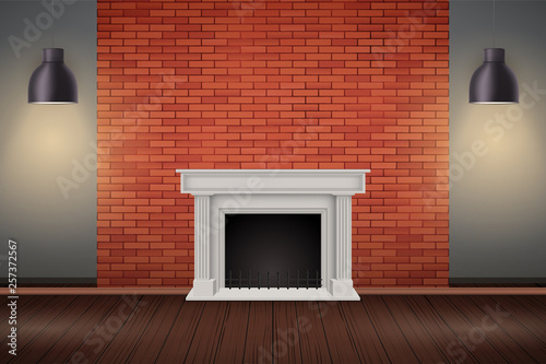 Red brick wall room with fireplace