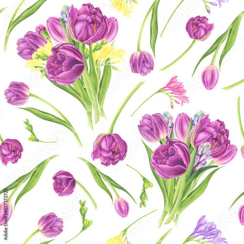 Seamless pattern with tulips  freesia and hyacinths  watercolor painting. For design cards  pattern and textile.
