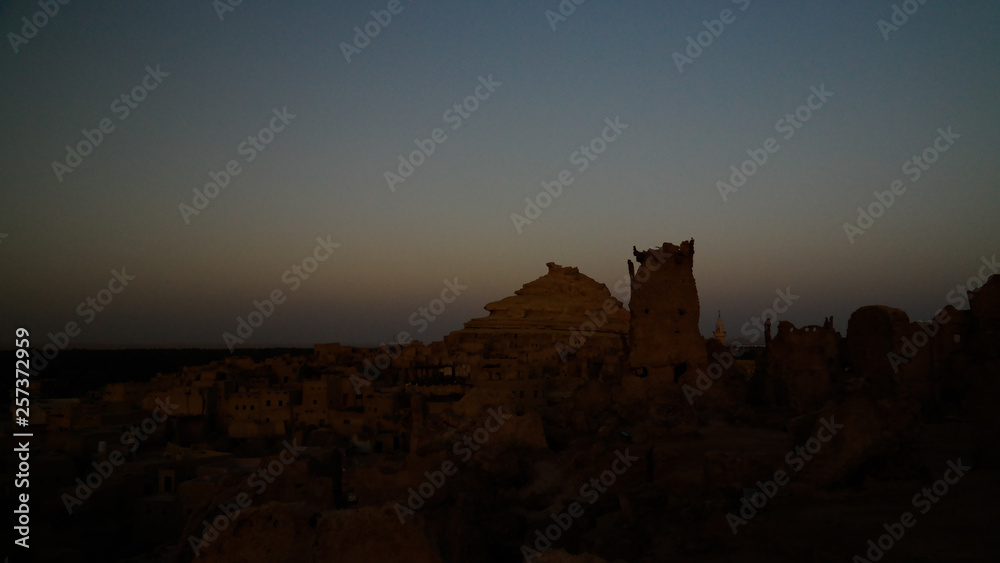 Panorama of old city Shali and mountain Dakrour, Siwa oasis at s