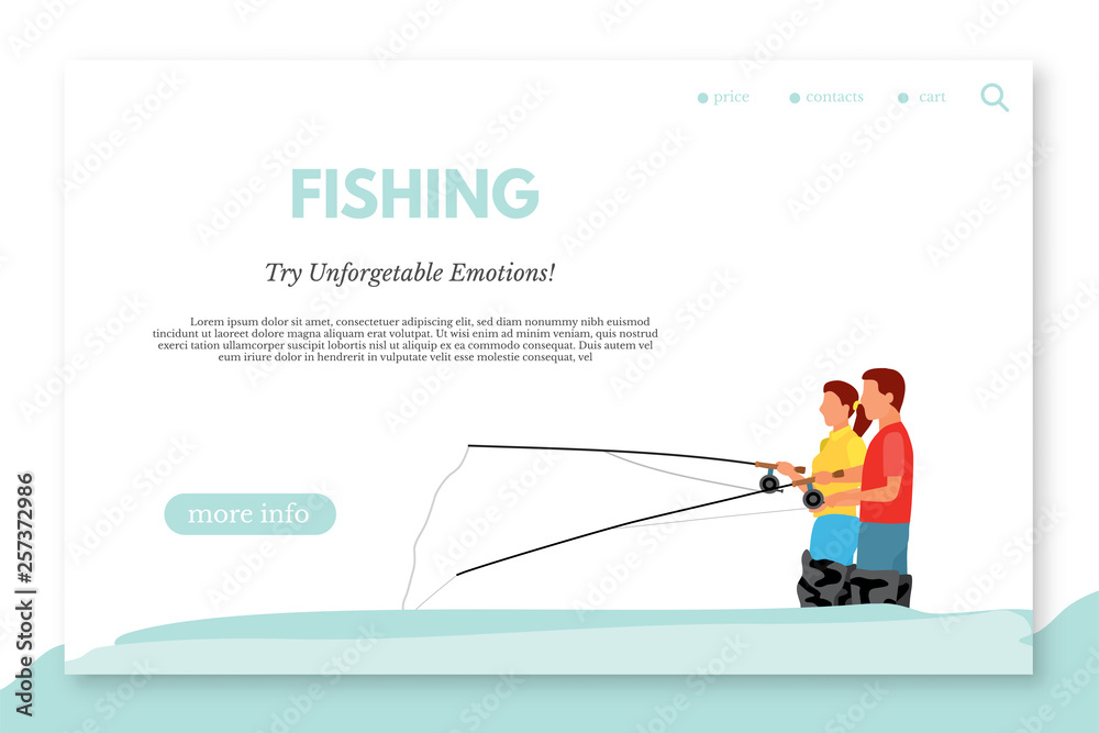 Fishing flat landing page template with text space