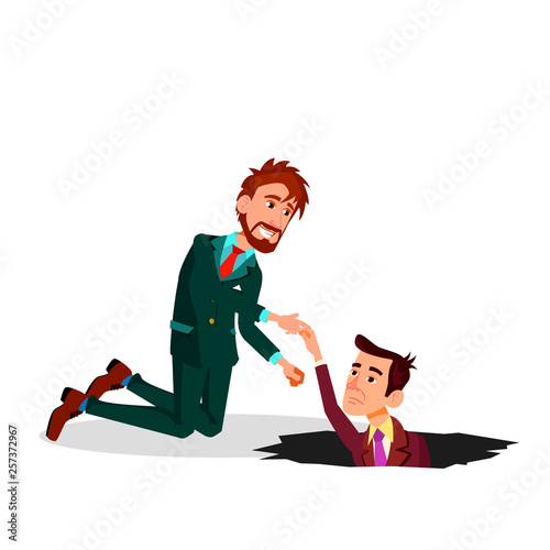 Help A Colleague. One Businessman Pulling Colleague From The Pit Vector Flat Cartoon Illustration