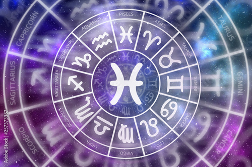 Zodiac Pisces symbol inside of horoscope circle