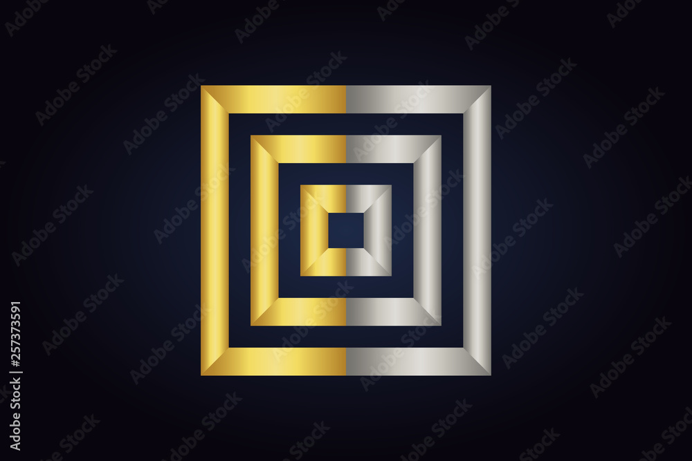 Geometric vector logo isolated on dark background. Three squares inside each other. Squares in silver and gold colors. Minimalistic business logo. Geometric vector logo isolated on dark background. Three squares inside each other. Squares in silver and gold colors. Minimalistic business logo.