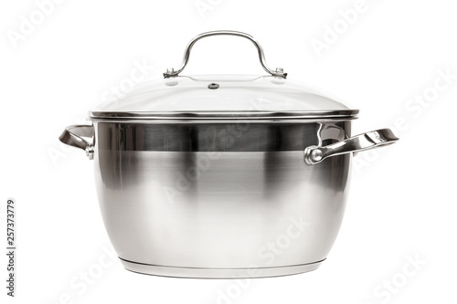 Steel pan with a glass lid on white background.
