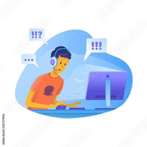 Boy playing computer games vector illustration