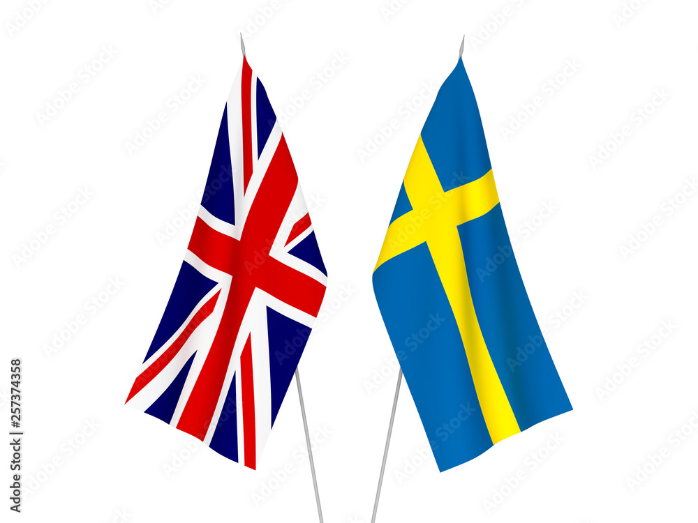 Fototapeta premium National fabric flags of Great Britain and Sweden isolated on white background. 3d rendering illustration.