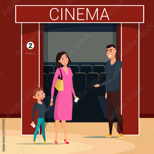 Woman with son going to cinema flat vector illustration