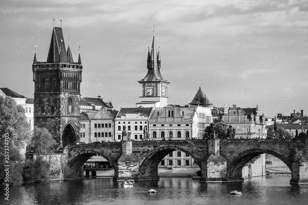 Scenic view Charles bridge and historical center of Prague, buildings and landmarks of old town at sunset, Prague, Czech Republic