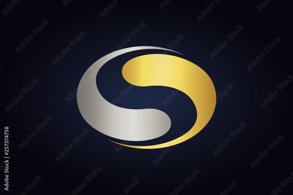 Two creative abstract shapes on dark background. Minimalistic business vector logo. Silver and gold metal colors mix. Two creative abstract shapes on dark background. Minimalistic business vector logo. Silver and gold metal colors mix.