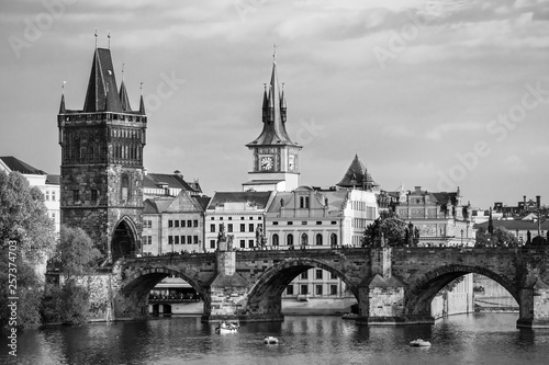 Scenic view Charles bridge and historical center of Prague, buildings and landmarks of old town at sunset, Prague, Czech Republic